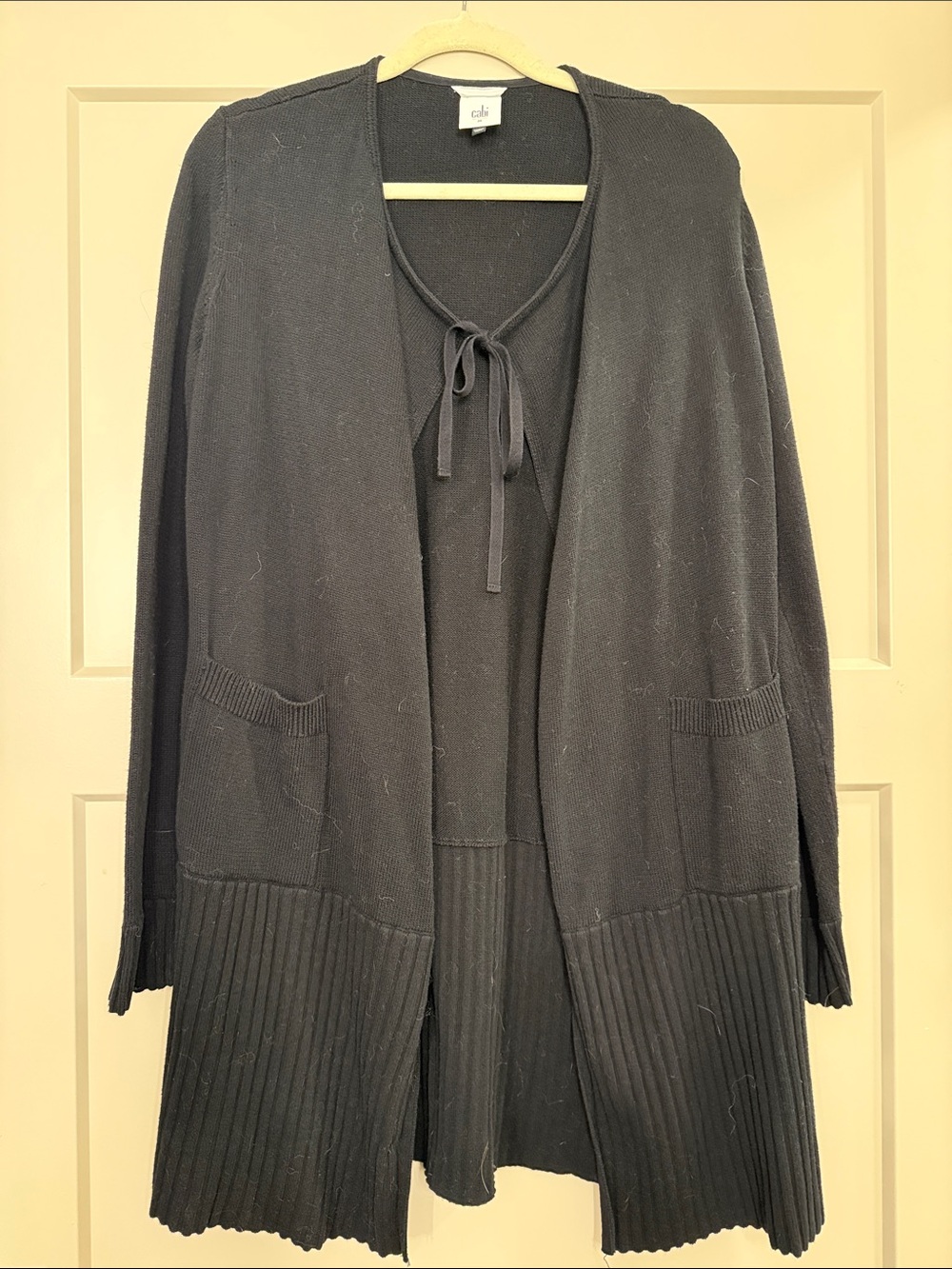 CAbi Black Open-Front Tie-Neck Long Cardigan